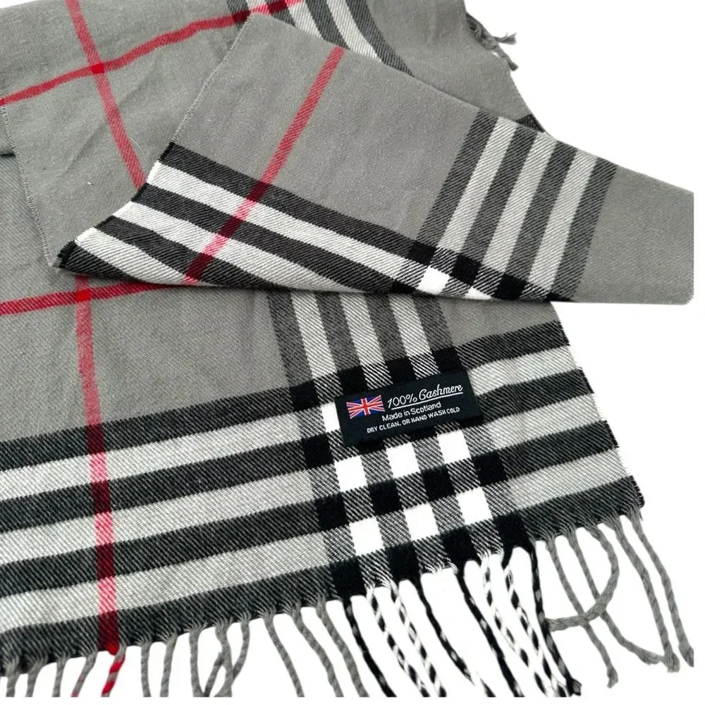 Scottish 100% Cashmere gray Black Tartan Heritage Plaid Fringed Scarf Unisex